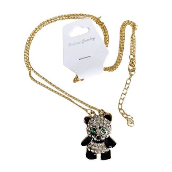 NEW Black White Rhinestone PANDA BEAR Long Necklace Green Eyes Gold Chain NWT - Picture 2 of 7